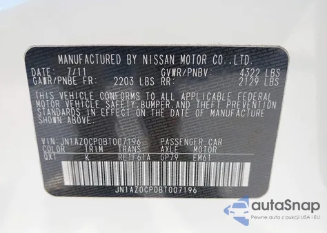 2011 Nissan Leaf Sv z USA, uszkodzony, nr VIN JN1AZ0CP0BT007196